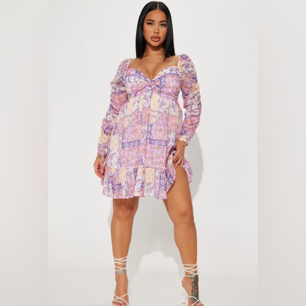 Fashion Nova Purple Ruched Rosetta Ruffle Mini Dress -